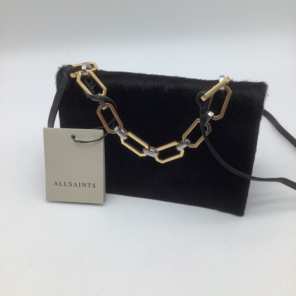 AllSaints Yua Luxe Clutch Black Calf Hair Leather Chain Crossbody Bag W050XB NWT